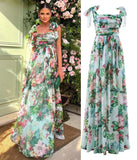 Rose print patchwork pleated chest wrap large hem flowing suspender long skirt for women