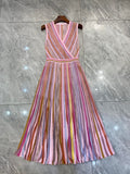 Temperament Knitted Colorful Striped Pleated Skirt Mid length Skirt Striped Sleeveless Waist Dress