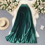 Pleated Satin High Waist Long Skirt