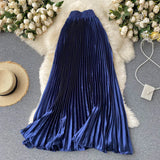 Pleated Satin High Waist Long Skirt