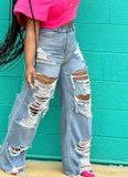 Wide Leg Ripped Denim Jeans