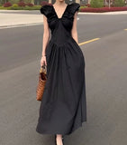 Open Back V-neck Puff Sleeve Long Dress