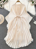 Pleated Ruched Batwing Sleeve Dress