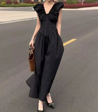 Open Back V-neck Puff Sleeve Long Dress