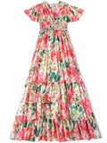 Boho Flower Print V-Neck Butterfly Sleeve Dress