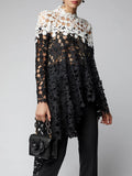 Asymmetrical Lace Top Hollow Out Shirt Long Sleeve