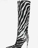 black white striped winter boots