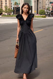 Open Back V-neck Puff Sleeve Long Dress