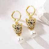 Leopard Gold Dangle Pearl and Gold Stone  Embellished Earrings 