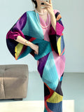 Miyake Color Block Pleated Batwing Sleeves Stretch Dress