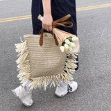 Tassel Straw Shoulder Bag Large