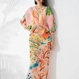 Miyake Pleated Printed Bat Sleeve V-neck Dress