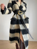 Striped Woolen Coat With Gold Button Belt