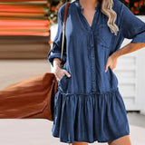 Loose Women V-Neck  Denim Shirt Dress