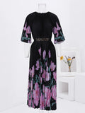 Floral Print Pleated Belt Dress