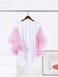 Rosa Mesh Pink Ruffle Short Sleeve Top