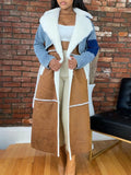 Patchwork Jean and Suede Coat with Faux Lamb Wool Lining