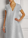 Glitz Solid Color V-Neck Luxury Elegant Dress