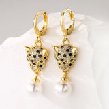 Leopard Gold Dangle Pearl and Gold Stone  Embellished Earrings 