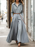 British Style Long Sleeves Pleated Lapel Wide Leg Jumpsuit