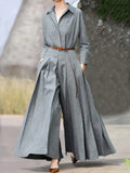 British Style Long Sleeves Pleated Lapel Wide Leg Jumpsuit