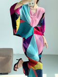 Miyake Color Block Pleated Batwing Sleeves Stretch Dress