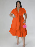 Viviana Plus Size Bow Tie Ruffles Hem Maxi Dress