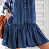 Loose Women V-Neck  Denim Shirt Dress