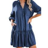 Loose Women V-Neck  Denim Shirt Dress