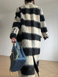 Striped Woolen Coat With Gold Button Belt