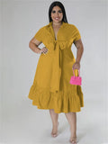 Viviana Plus Size Bow Tie Ruffles Hem Maxi Dress