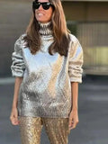 Casual Metallic Knit Turtleneck Sweater