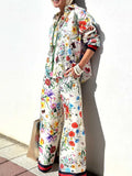 Women 2 Pieces Tracksuits Outfits Fiesta Satin Floral Print Button Down Shirts & Pocketed Wide Leg Pants Set